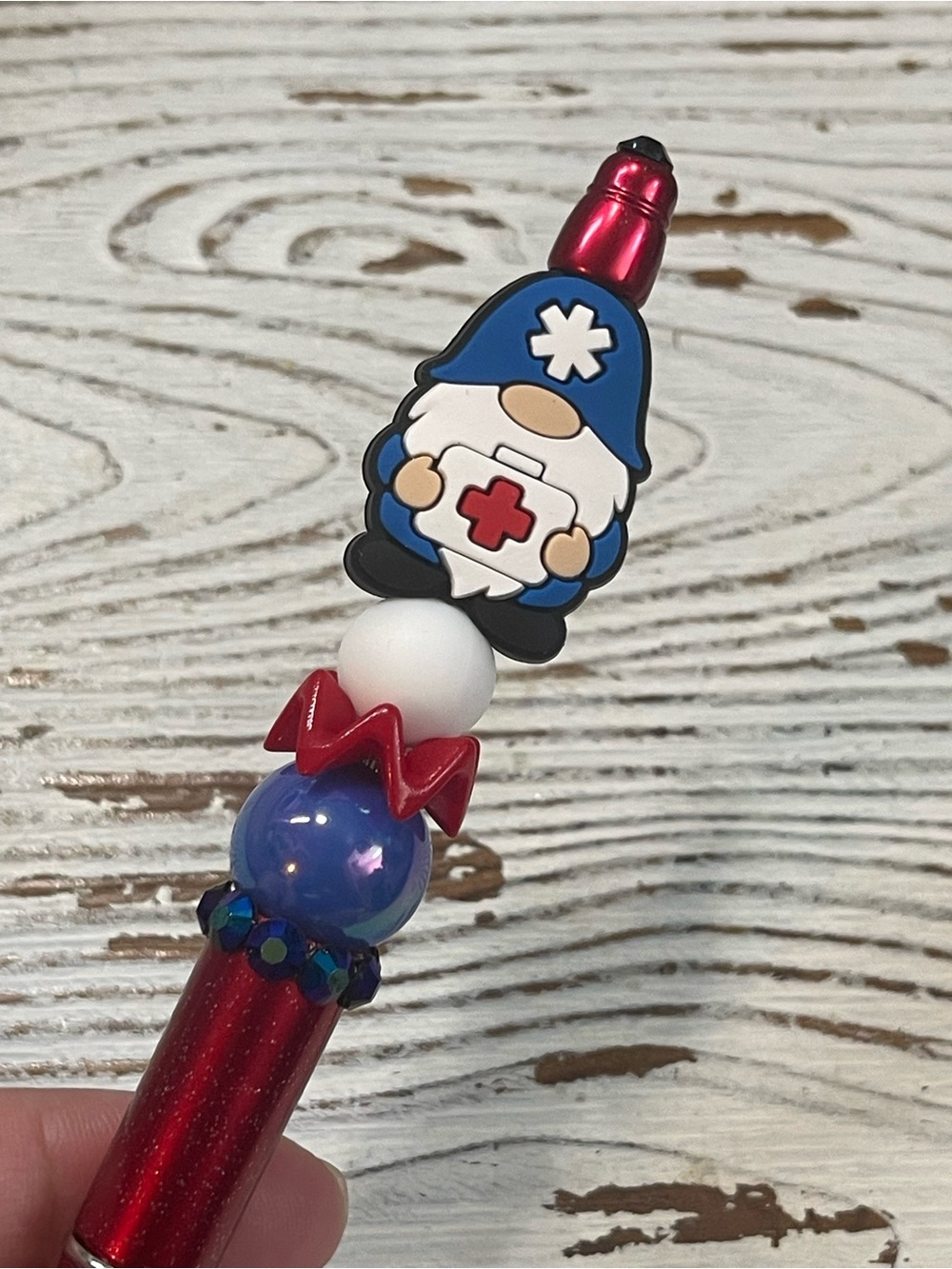Hand Crafted Blue & Red Gnome Medical Beaded Pen